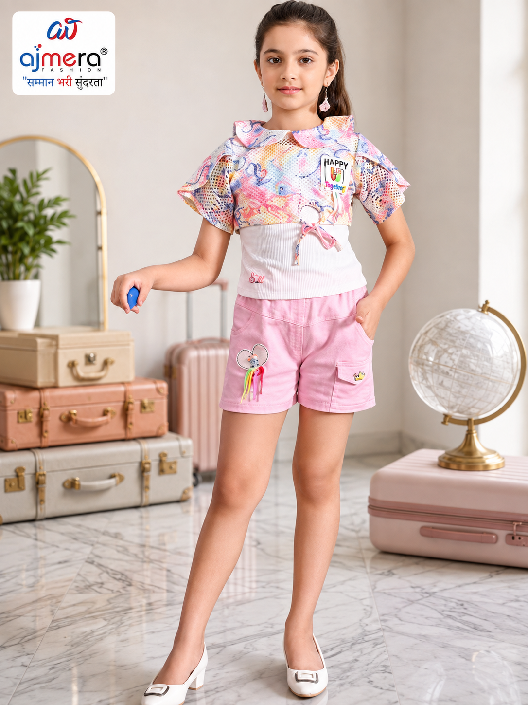 Girls Printed Ruffle Top & Pink Cargo Shorts Set – Ajmera Fashion