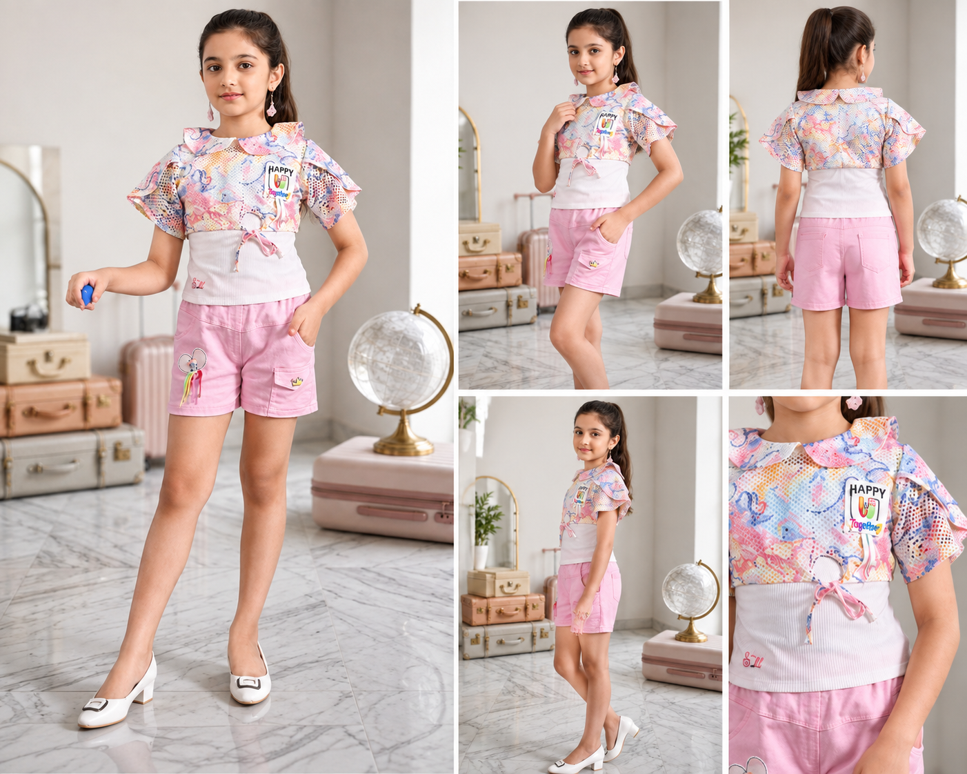 Girls Printed Ruffle Top & Pink Cargo Shorts Set – Ajmera Fashion - Image 2
