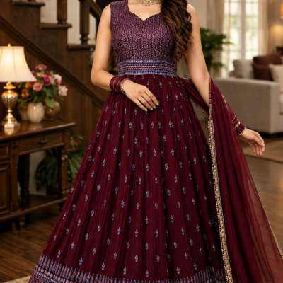 Maroon Embroidered Anarkali Suit with Matching Dupatta