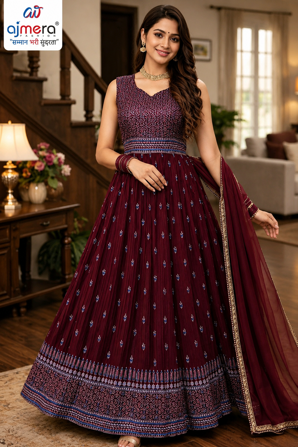 Maroon Embroidered Anarkali Suit with Matching Dupatta