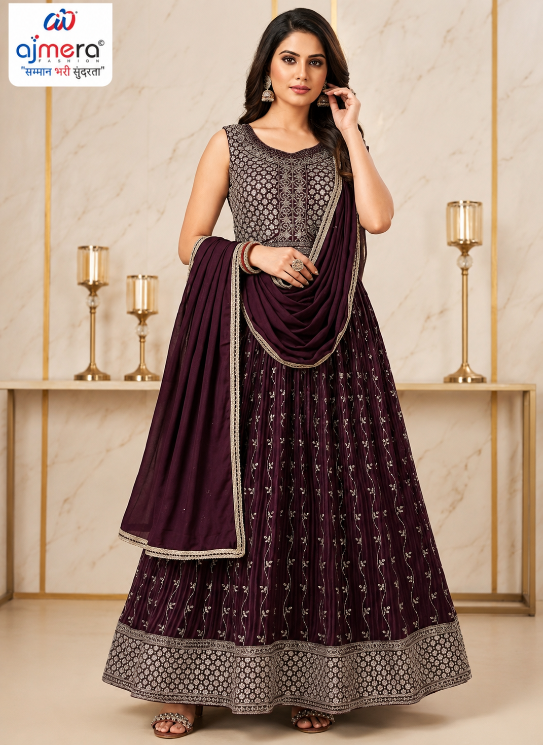 Wine & Silver Embroidered Designer Anarkali Suit