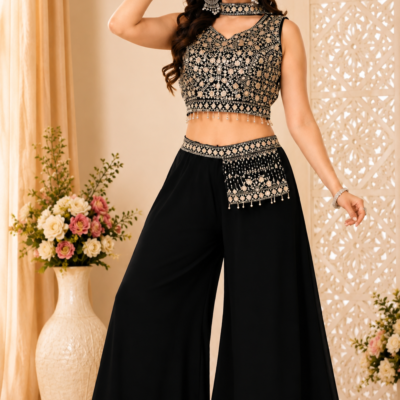 Black & Gold Embroidered Palazzo Suit Set