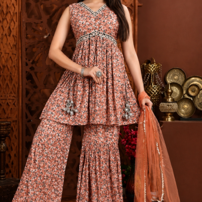 Peach Floral Printed Kurta Palazzo Set with Dupatta