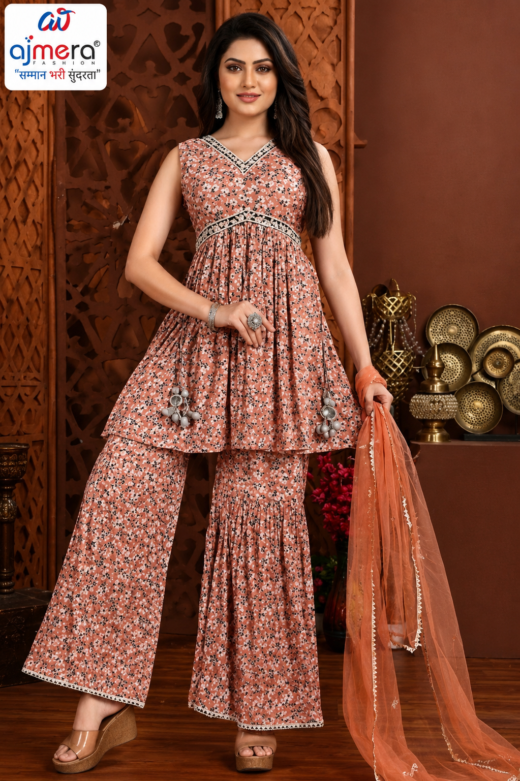 Peach Floral Printed Kurta Palazzo Set with Dupatta