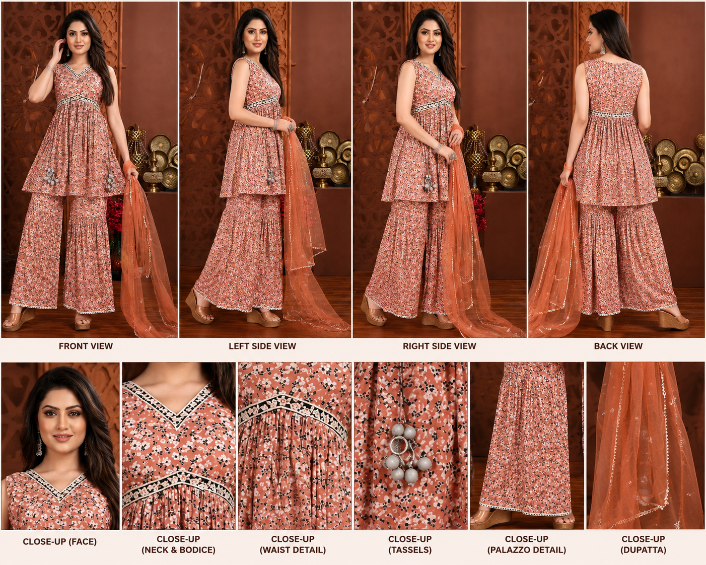 Peach Floral Printed Kurta Palazzo Set with Dupatta - Image 2