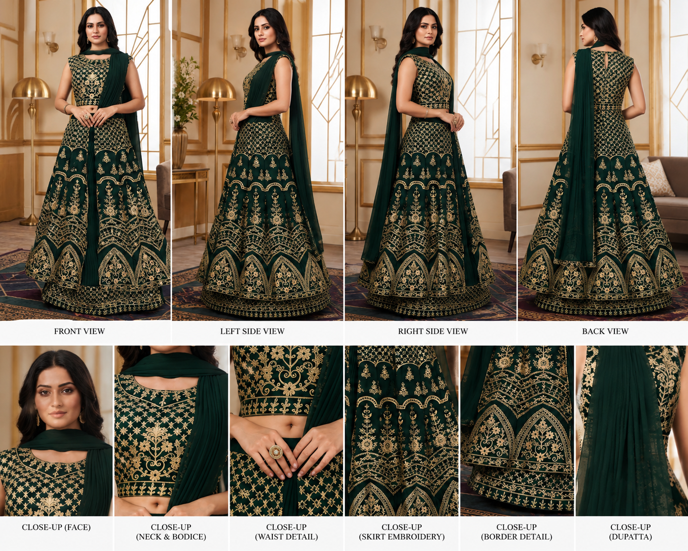 Emerald Green & Gold Embroidered Designer Anarkali Suit - Image 2