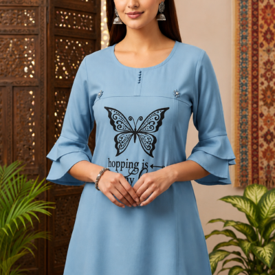 Ajmera Women’s Sky Blue Butterfly Printed Flared Sleeve Kurti