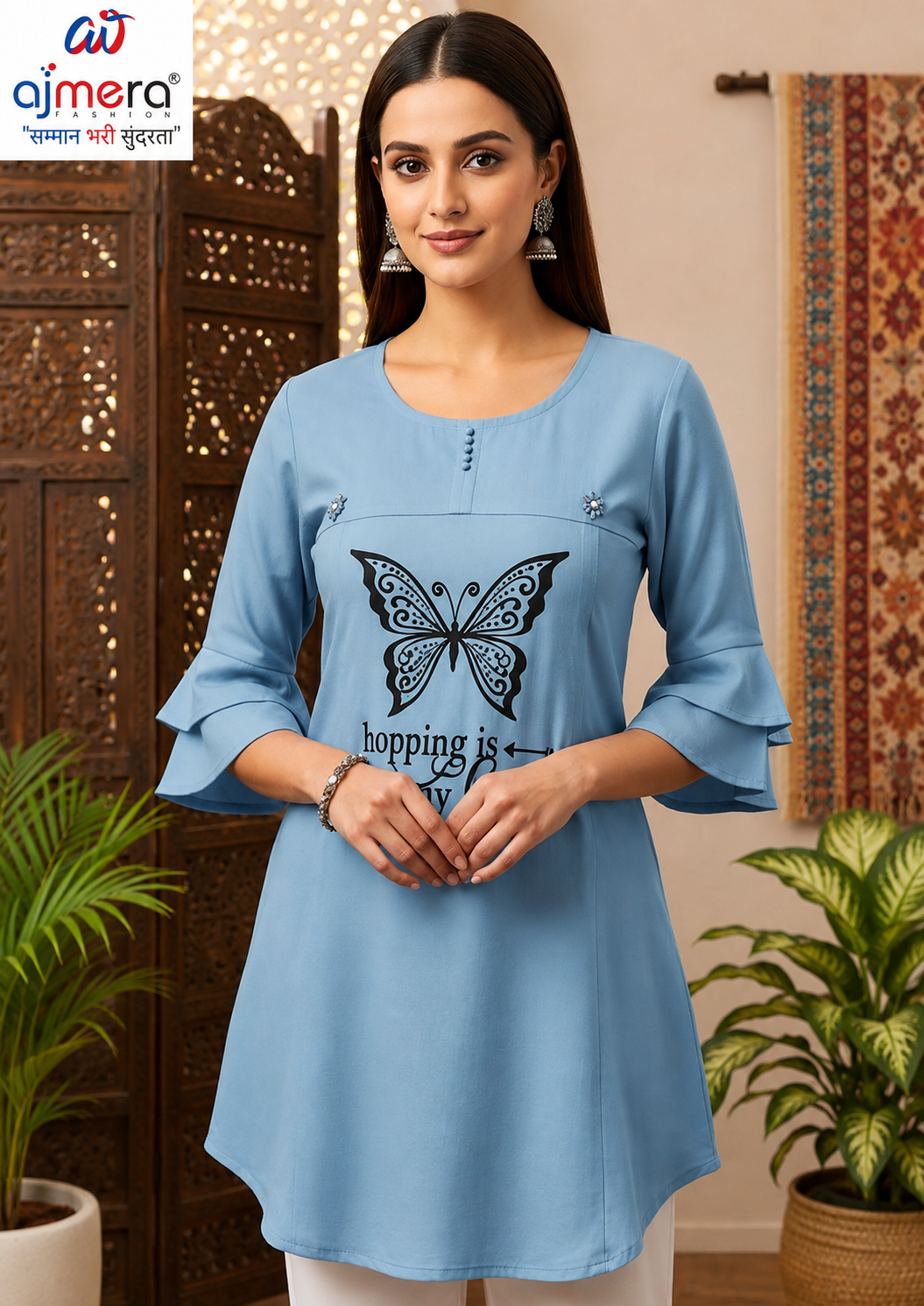 Ajmera Women’s Sky Blue Butterfly Printed Flared Sleeve Kurti
