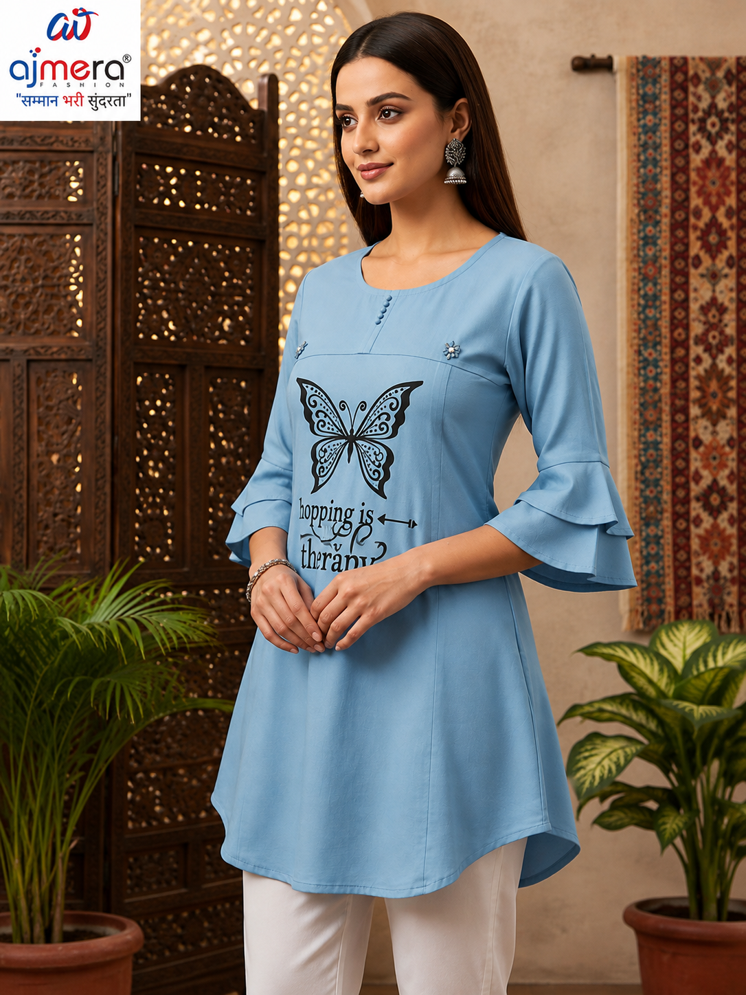 Ajmera Women’s Sky Blue Butterfly Printed Flared Sleeve Kurti - Image 2