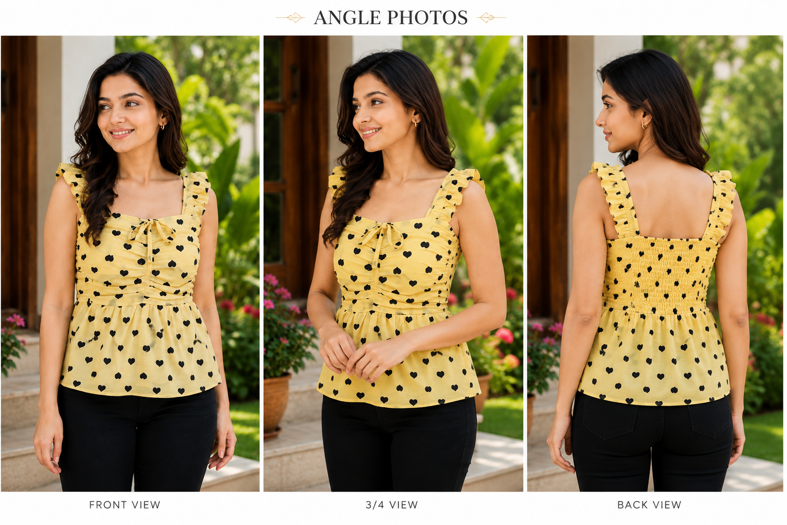 Ajmera Women’s Yellow Heart Print Ruffle Peplum Top - Image 2