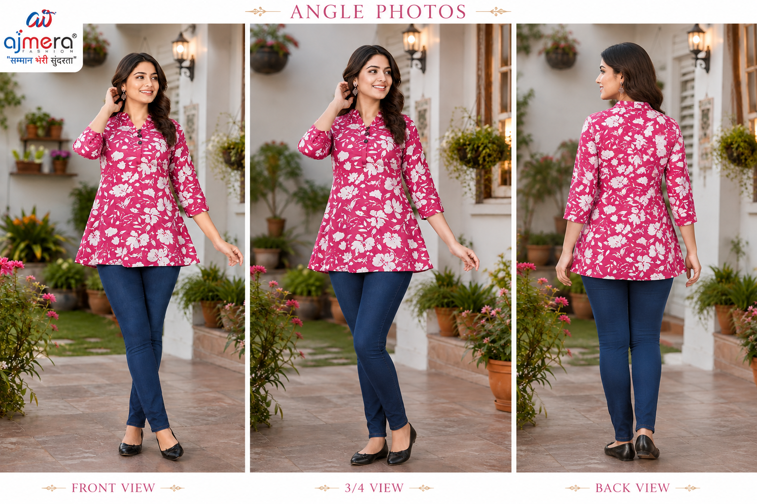 Ajmera Women’s Pink Floral Printed Flared Top - Image 2