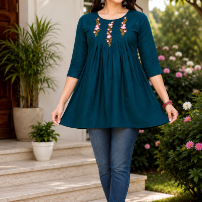 Ajmera Women’s Teal Blue Embroidered Flared Top