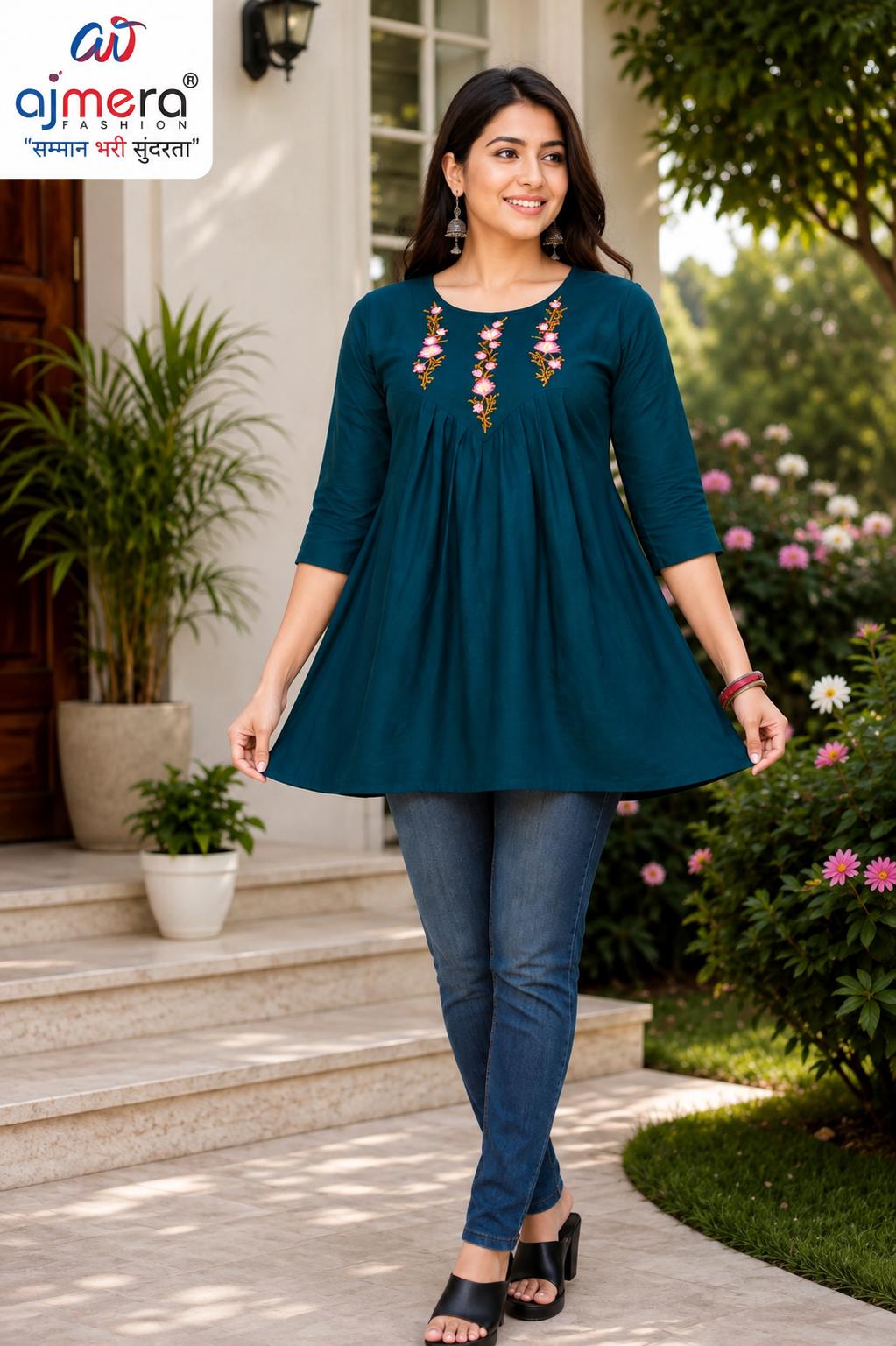 Ajmera Women’s Teal Blue Embroidered Flared Top