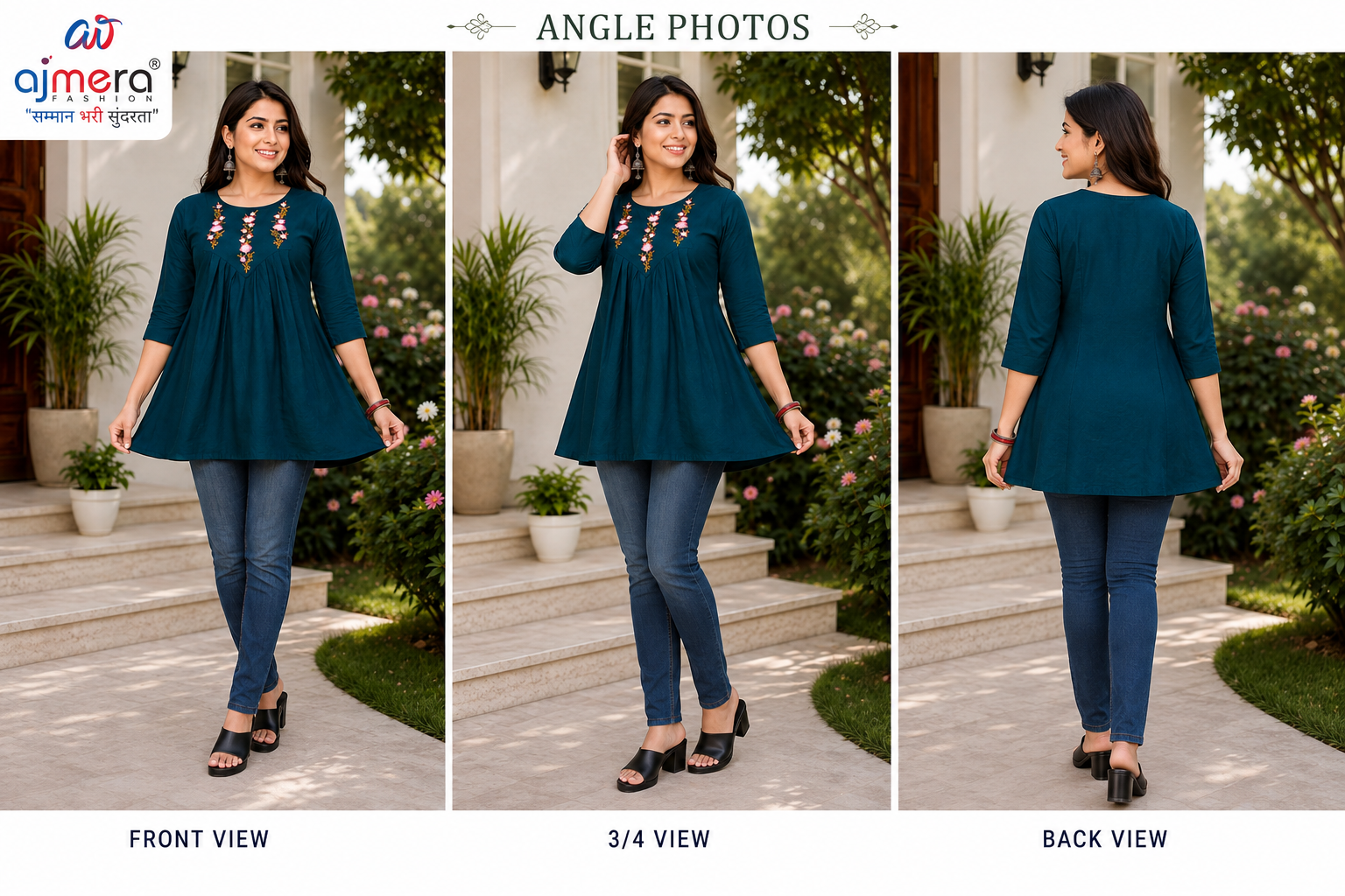 Ajmera Women’s Teal Blue Embroidered Flared Top - Image 2