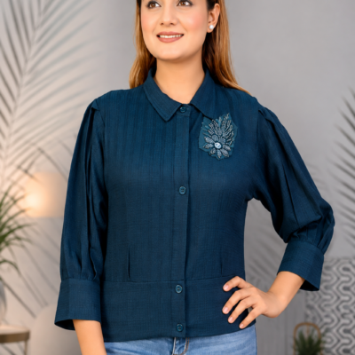 Ajmera Women’s Navy Blue Embroidered Button-Up Top