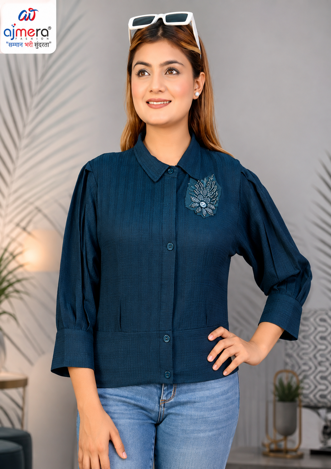 Ajmera Women’s Navy Blue Embroidered Button-Up Top