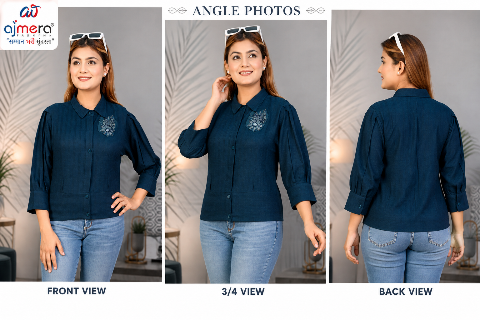 Ajmera Women’s Navy Blue Embroidered Button-Up Top - Image 2