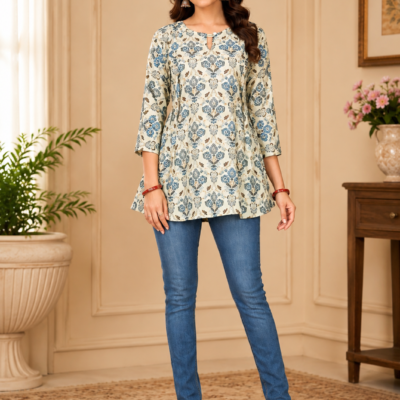 Ajmera Women’s Cream Blue Floral Printed Flared Top