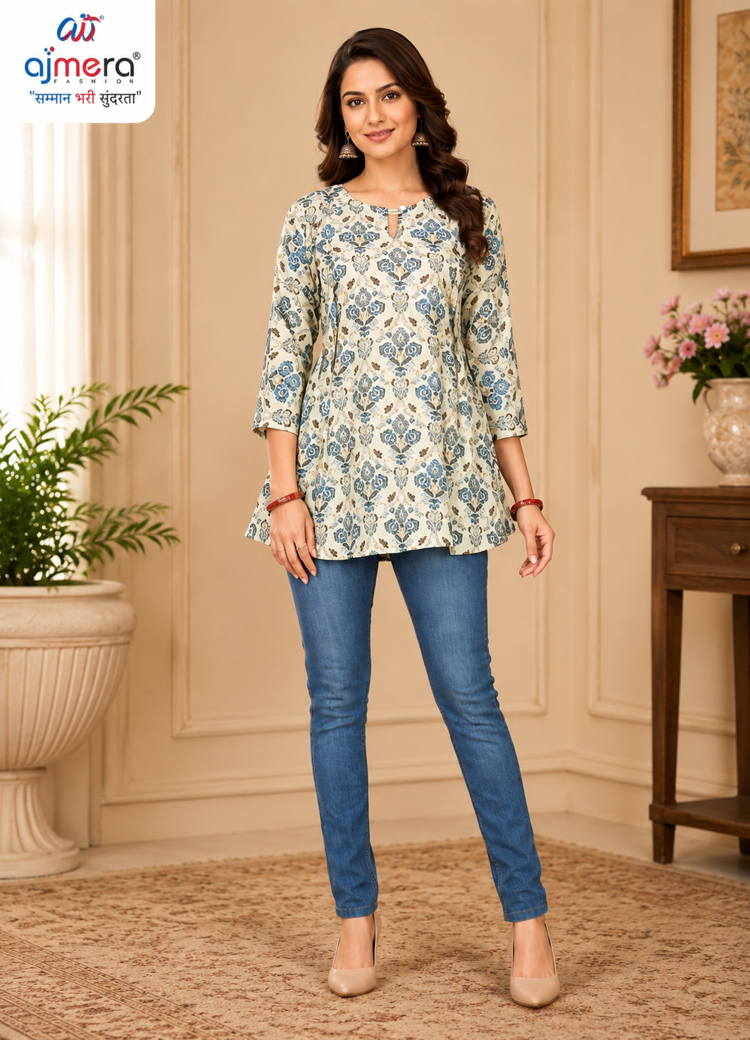 Ajmera Women’s Cream Blue Floral Printed Flared Top