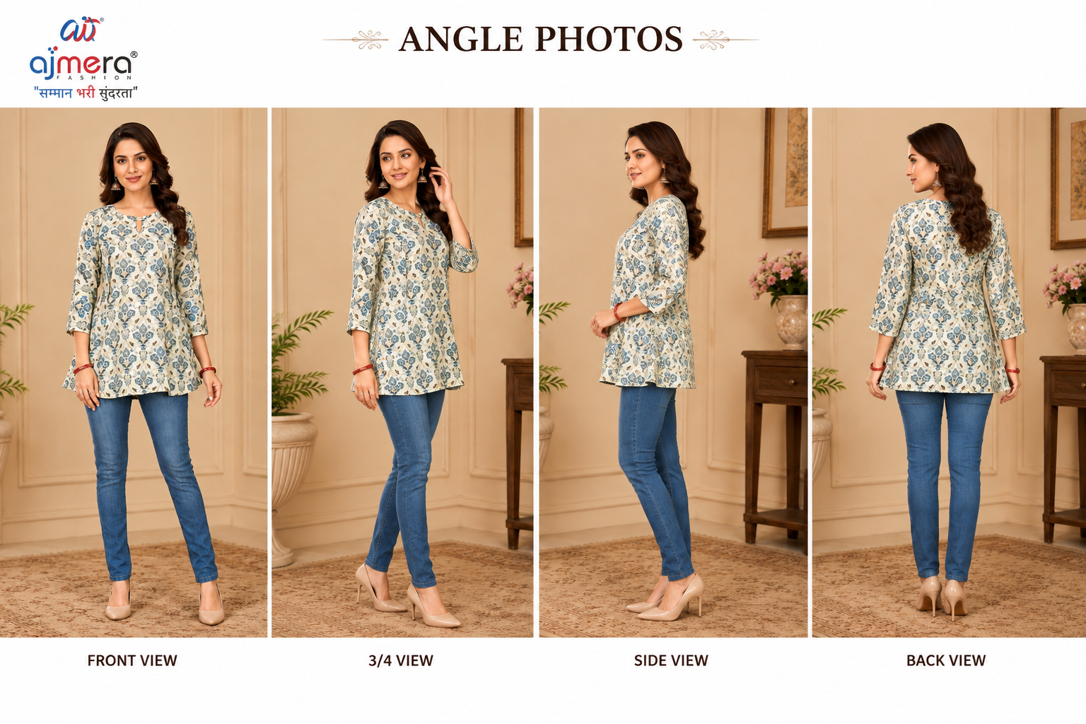 Ajmera Women’s Cream Blue Floral Printed Flared Top - Image 2