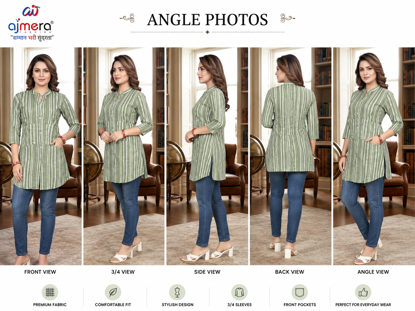 Ajmera Women’s Green & White Striped Printed Kurti Top - Image 2