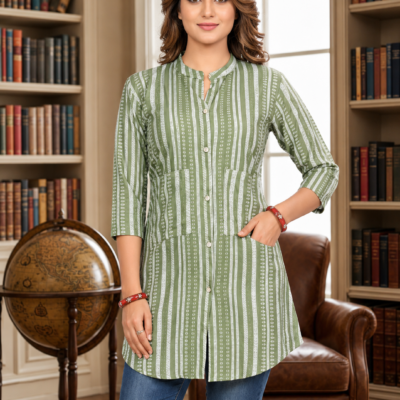 Ajmera Women’s Green & White Striped Printed Kurti Top