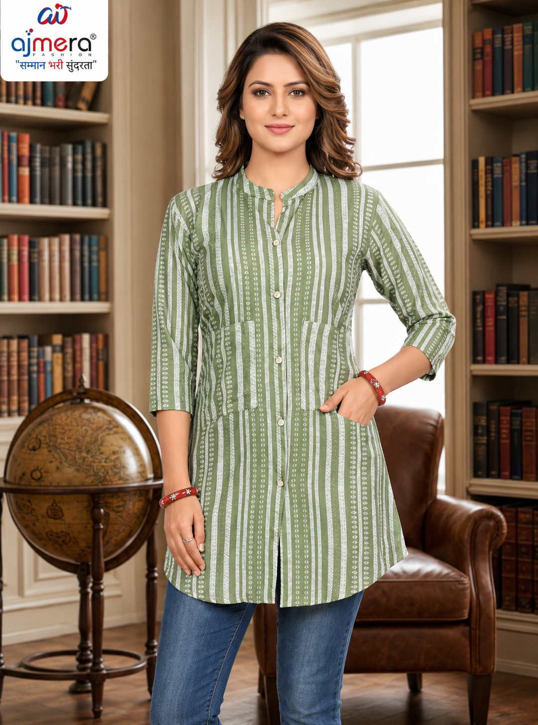 Ajmera Women’s Green & White Striped Printed Kurti Top