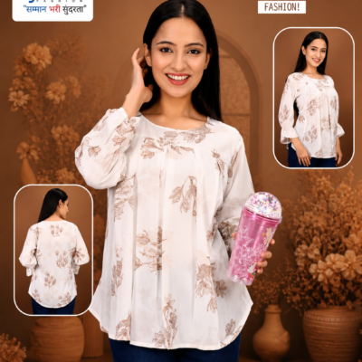 Ajmera Women’s Cream Floral Printed Flared Top