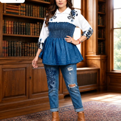 Ajmera Women’s White Floral Printed Denim Peplum Top