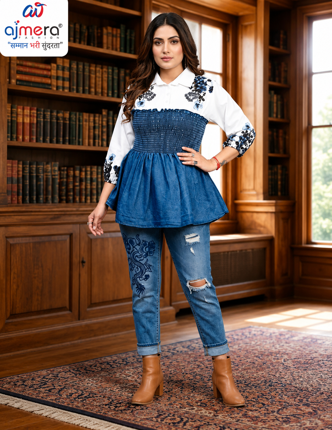Ajmera Women’s White Floral Printed Denim Peplum Top