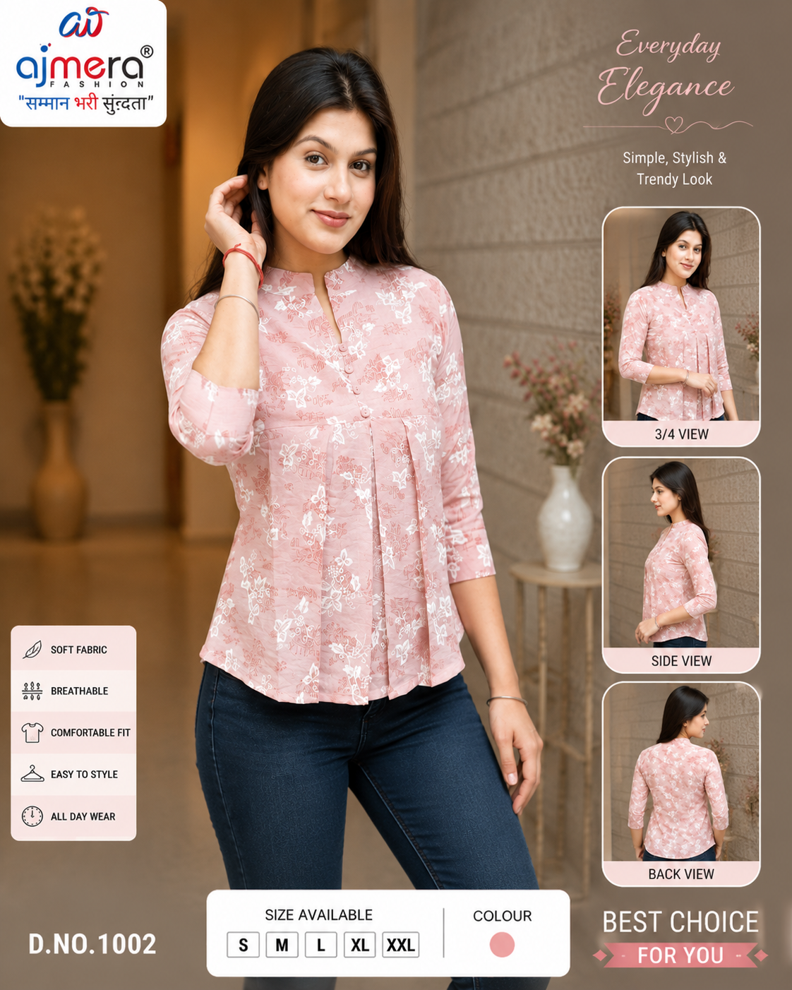 Ajmera Women’s Pink Floral Printed Flared Top - Image 2