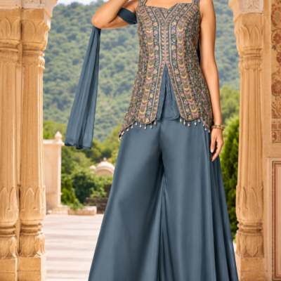 Steel Blue Embroidered Indo-Western Palazzo Set
