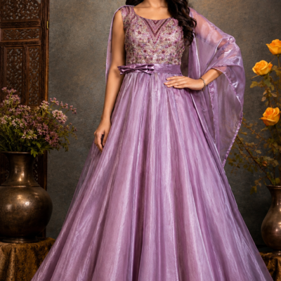 Lavender Shimmer Embroidered Anarkali Gown with Dupatta