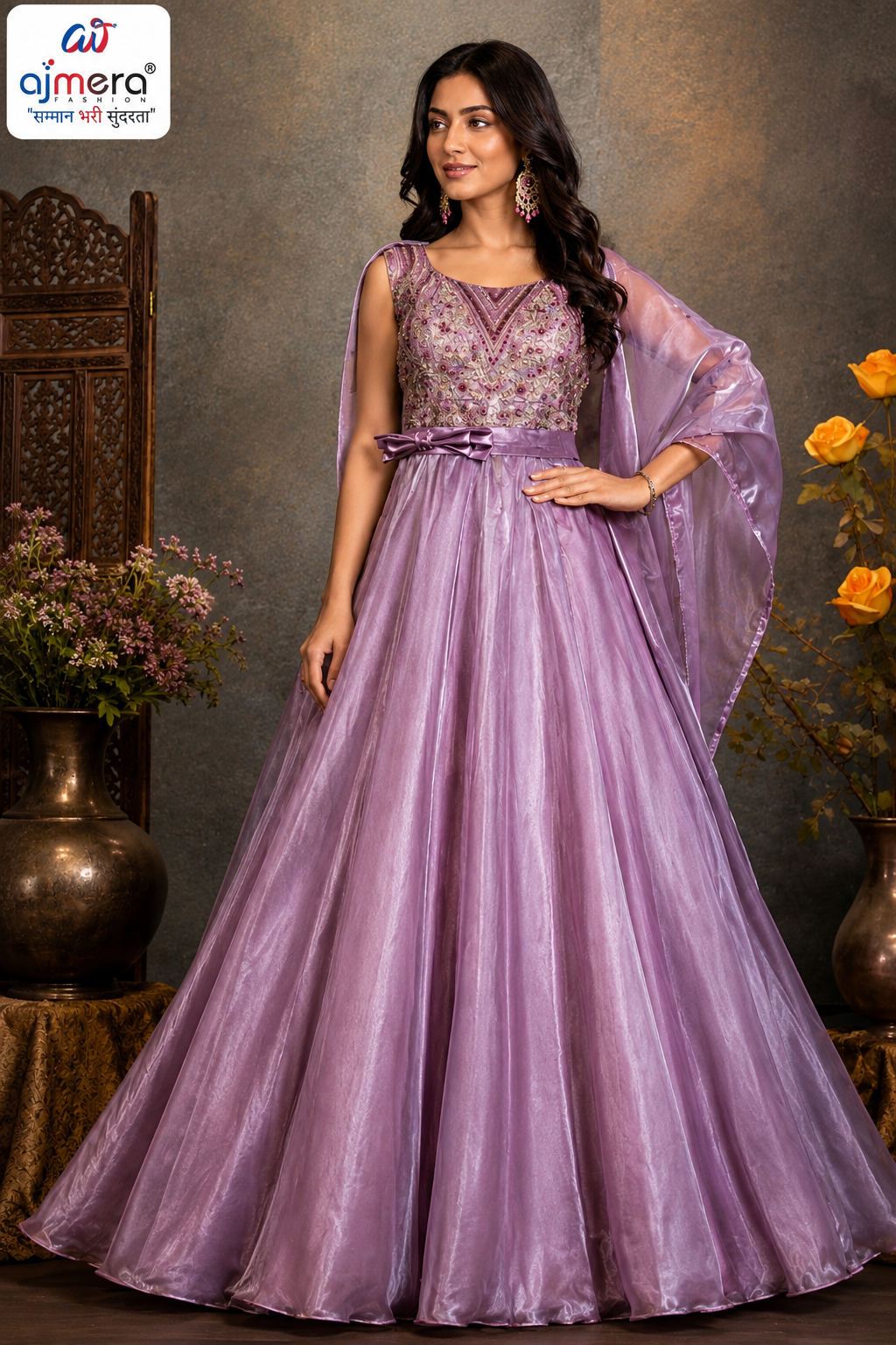 Lavender Shimmer Embroidered Anarkali Gown with Dupatta