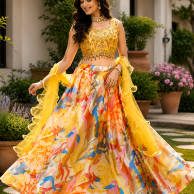 Yellow Multicolor Printed Lehenga with Embroidered Blouse & Ruffled Dupatta