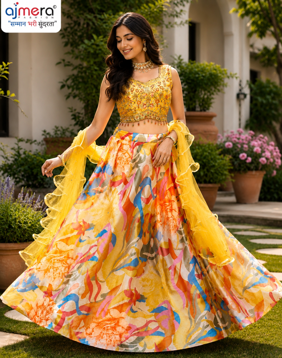 Yellow Multicolor Printed Lehenga with Embroidered Blouse & Ruffled Dupatta