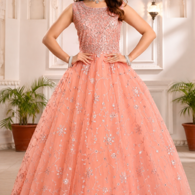 Peach Coral Embroidered Designer Anarkali Gown
