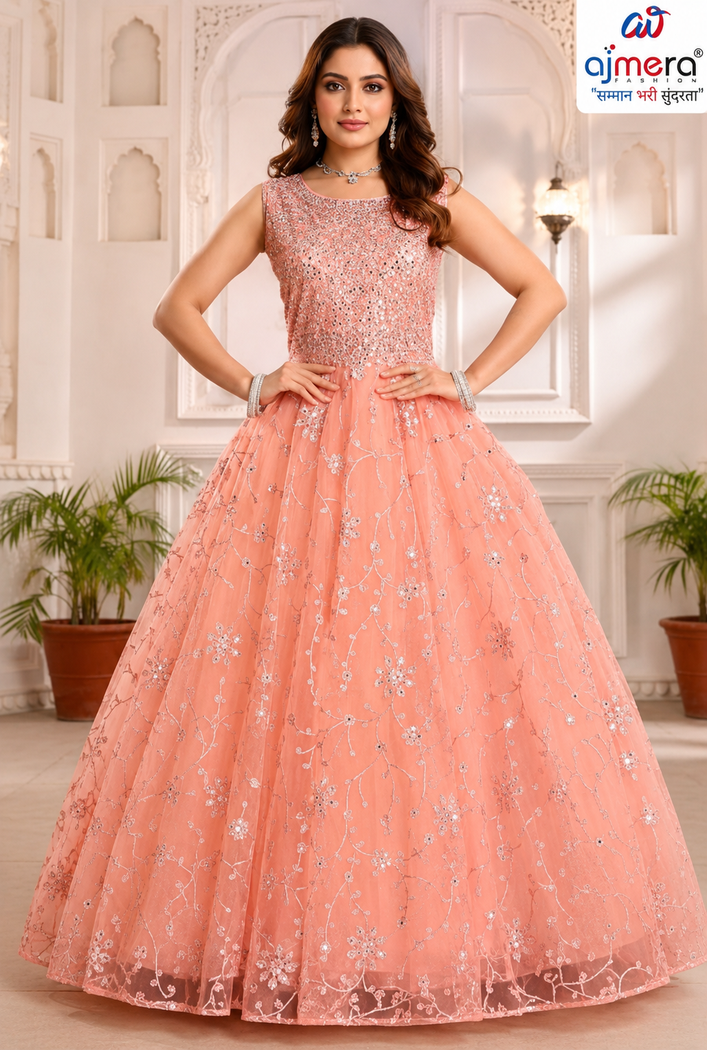 Peach Coral Embroidered Designer Anarkali Gown