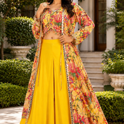 Yellow Floral Printed Indo-Western Palazzo Set