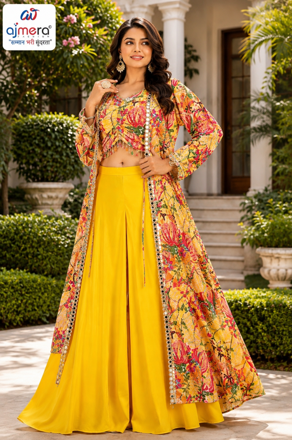 Yellow Floral Printed Indo-Western Palazzo Set