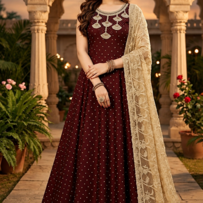 Maroon Embroidered Anarkali Dress with Beige Lace Dupatta