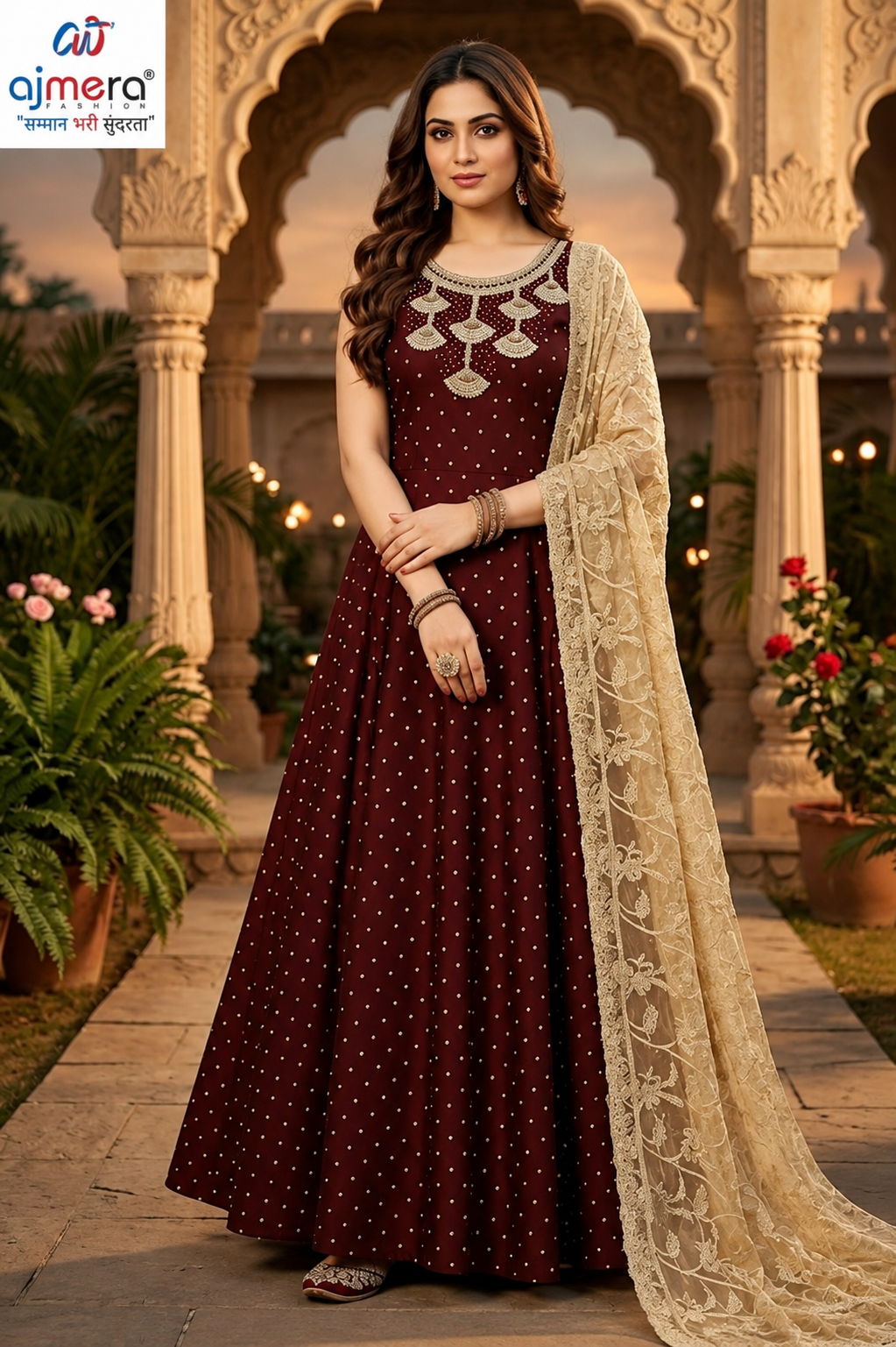 Maroon Embroidered Anarkali Dress with Beige Lace Dupatta