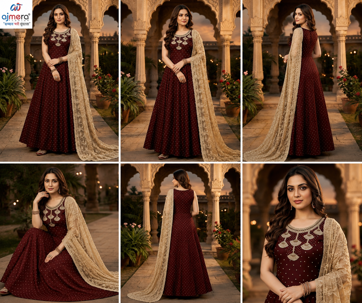 Maroon Embroidered Anarkali Dress with Beige Lace Dupatta - Image 2