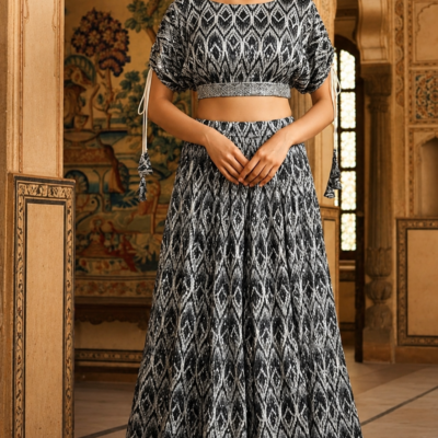 Black & White Ikat Printed Designer Lehenga Set
