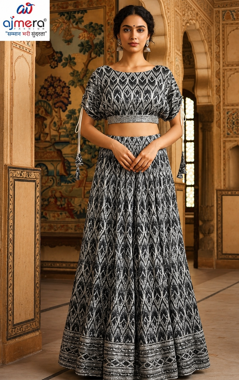 Black & White Ikat Printed Designer Lehenga Set