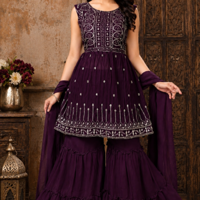 Wine Purple Embroidered Sharara Suit Set
