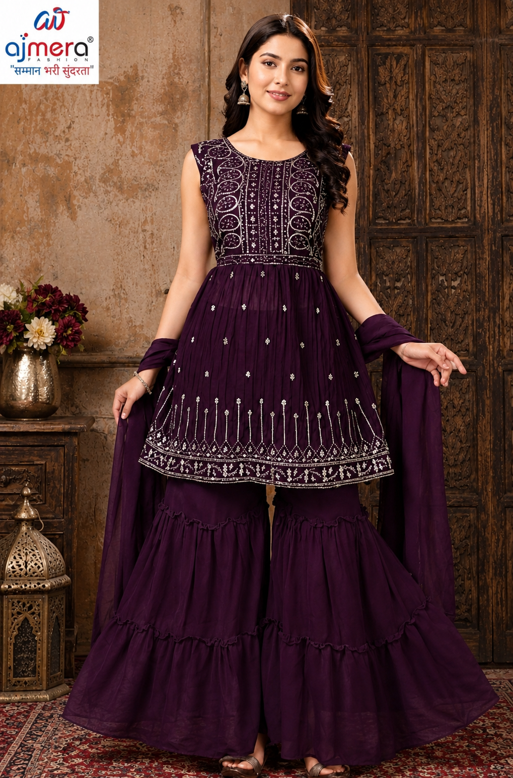 Wine Purple Embroidered Sharara Suit Set