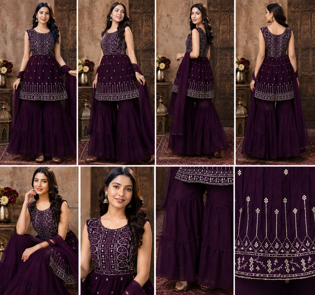 Wine Purple Embroidered Sharara Suit Set - Image 2