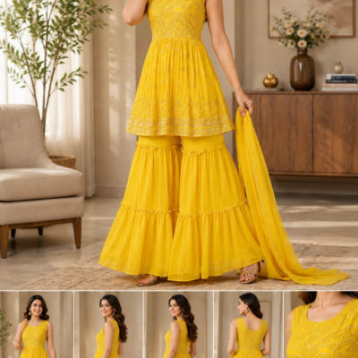 Yellow Embroidered Sharara Suit Set