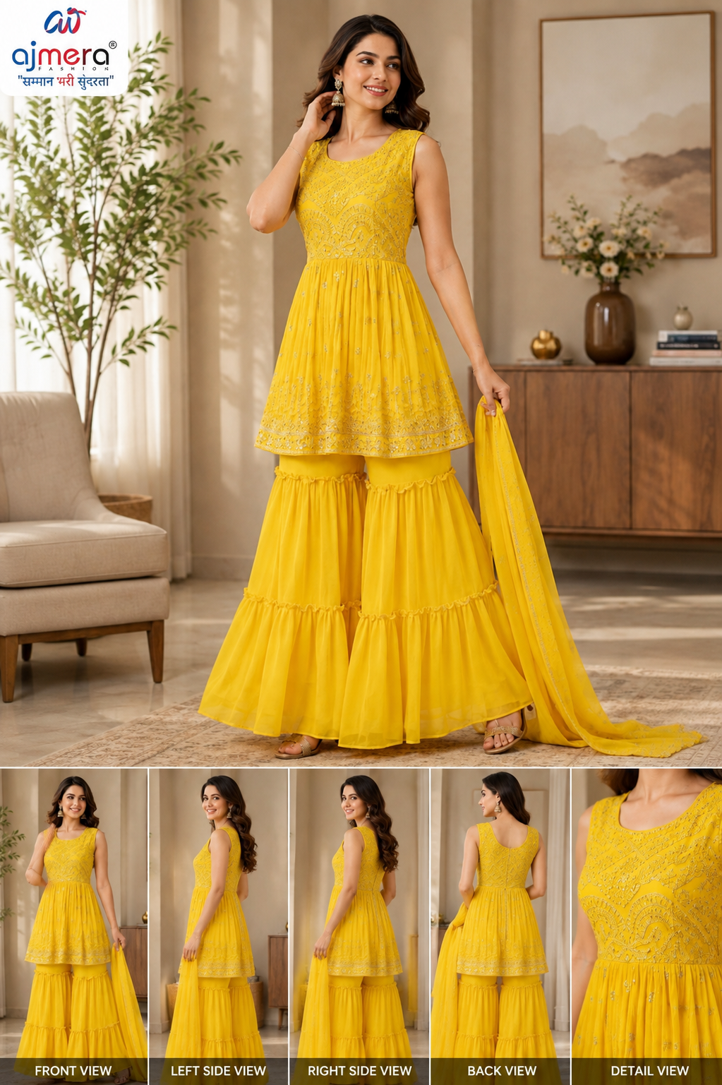 Yellow Embroidered Sharara Suit Set